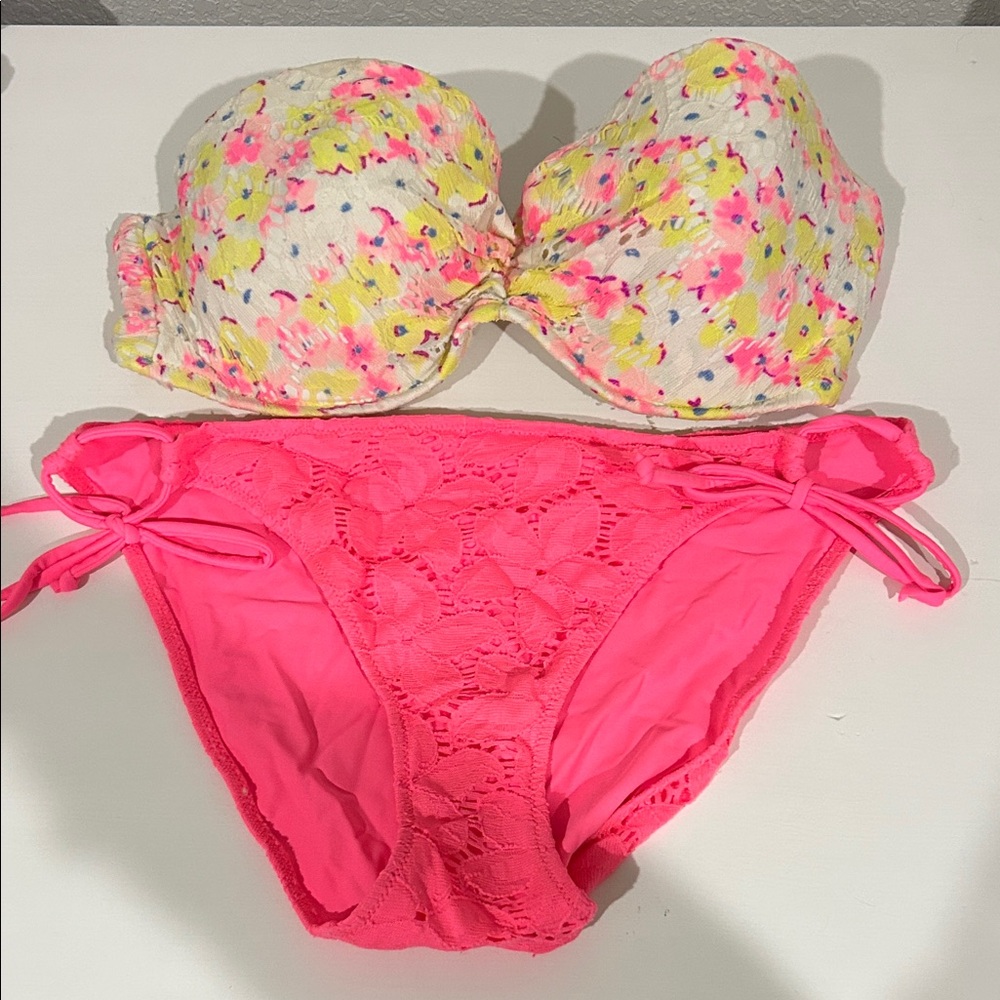 Victoria's Secret Neon Pink and Floral lace bikini set
